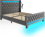 Rolanstar Queen Bed Frame with LED Light and Charging Station, Upholstered High Headboard and Footboard, Wood Slats, Noise Free, Easy Assembly, Grey