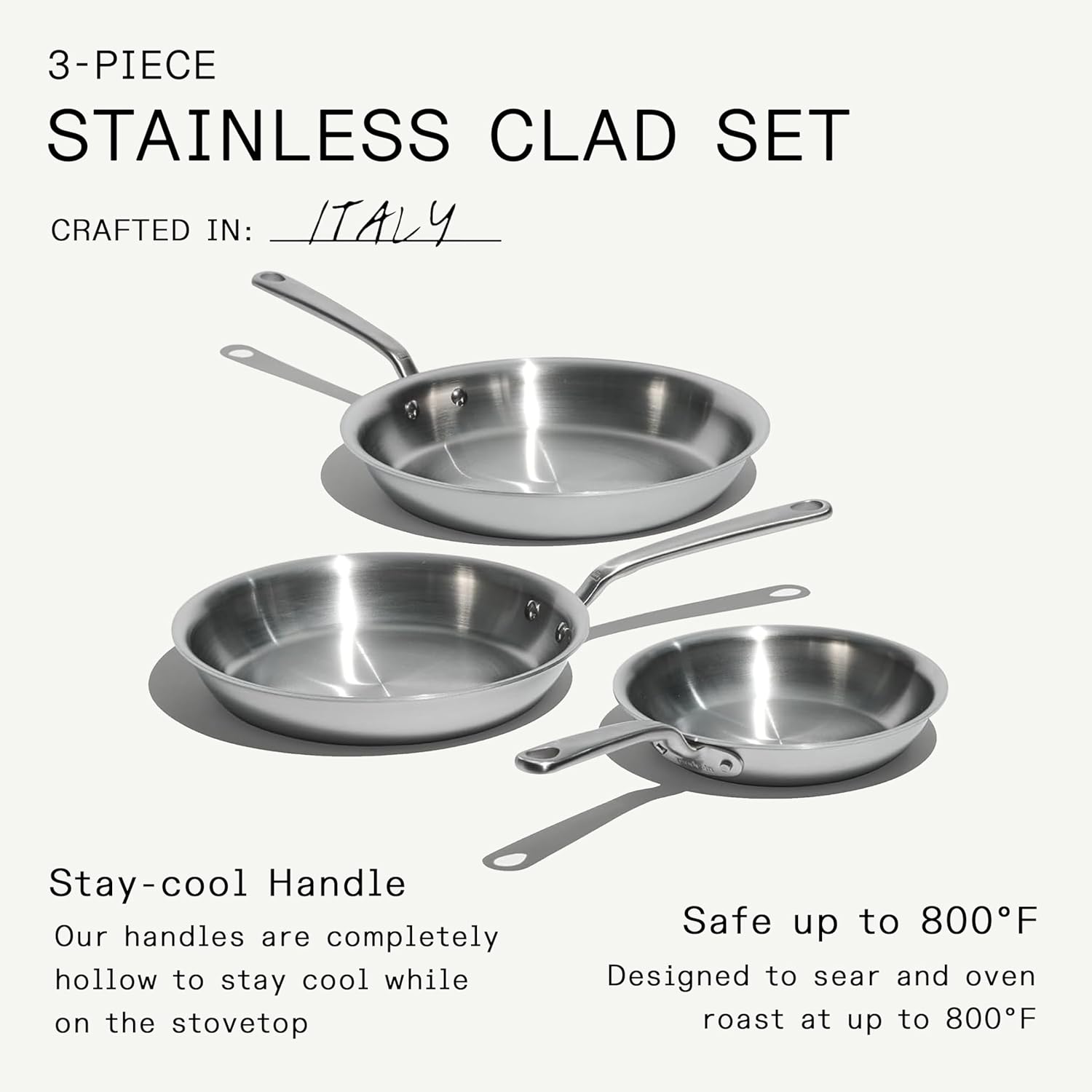 Made In Cookware | 3-Piece (Includes 8",10",12") Stainless Frying Pan Set | 5 Ply Stainless Clad | Professional Cookware | Crafted in Italy | Induction Compatible