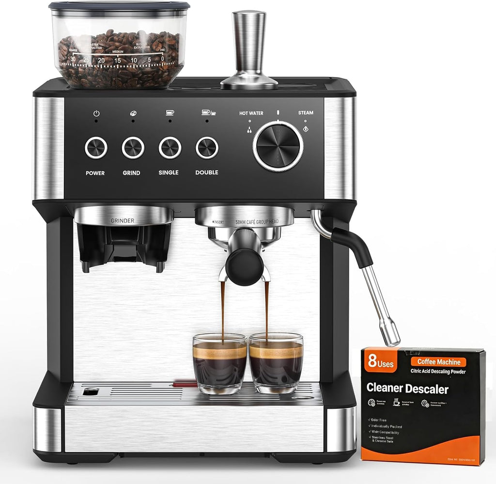 (2026 Upgrade) Espresso Machine with Grinder, 15 Bar Expresso Coffee Machines, Professional Coffee Maker for Latte&Cappuccino with Milk Frother, Expresso Machines for Home Descaling Kit Included Black