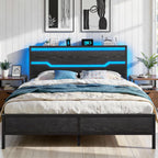 Queen Bed Frame with LED Lights & Charging Station, Bed Frame Queen Size with Headboard,13" Under Bed Storage, Noise-Free Heavy Duty Metal Support, Modern Black