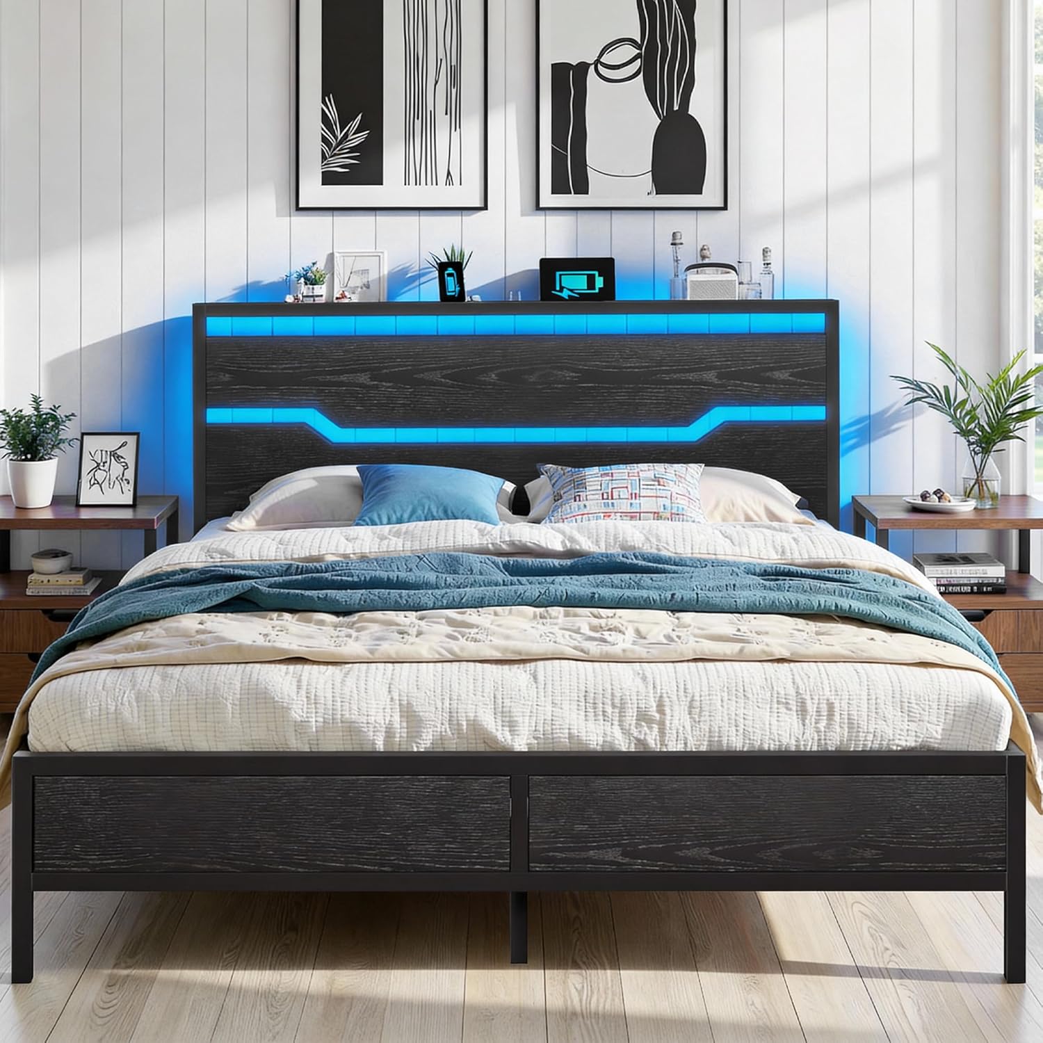 Queen Bed Frame with LED Lights & Charging Station, Bed Frame Queen Size with Headboard,13" Under Bed Storage, Noise-Free Heavy Duty Metal Support, Modern Black