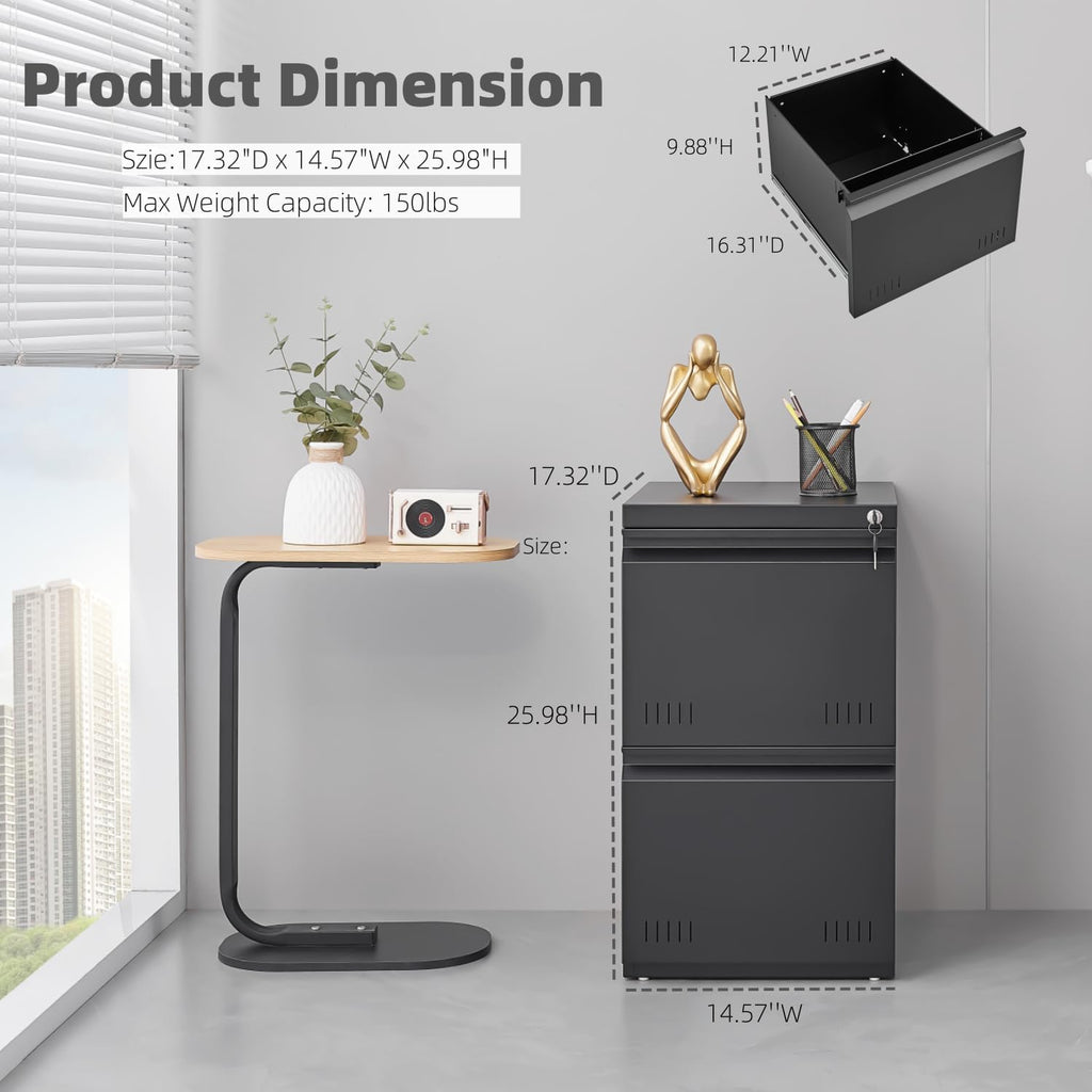 Guizeeopo 2 Drawer File Cabinet with Lock, Vertical File Cabinets for Home Office, Printer Stand, Heavy Duty Steel Office Storage Cabinet for Letter/Legal/A4, Assembly Required(Black)