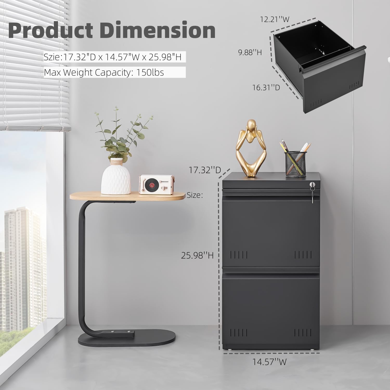 Guizeeopo 2 Drawer File Cabinet with Lock, Vertical File Cabinets for Home Office, Printer Stand, Heavy Duty Steel Office Storage Cabinet for Letter/Legal/A4, Assembly Required(Black)