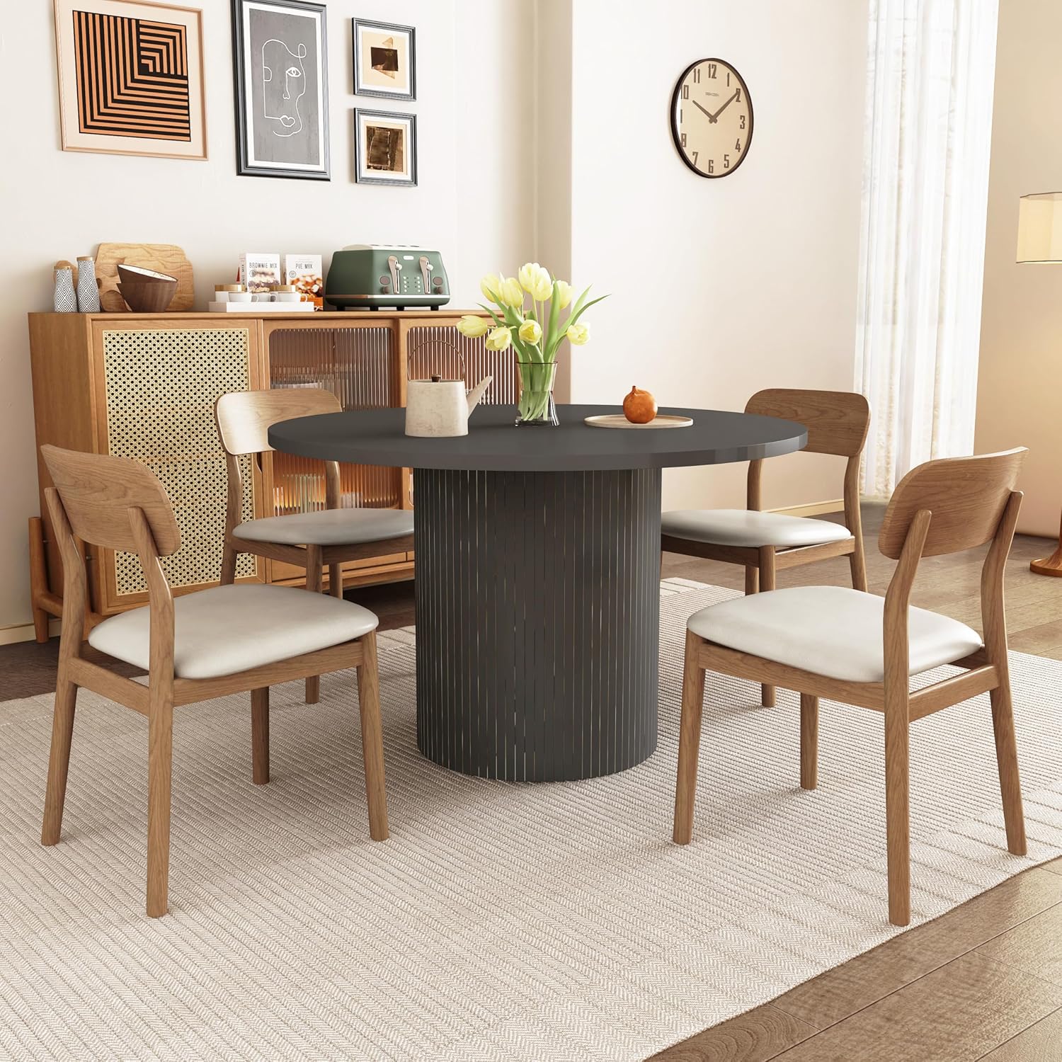 weselon Round Dining Table for 4, Modern Farmhouse Kitchen Table, 47 Inch Small Circle Dining Tables with Wood Strip Base for Kitchen Living Room (Black)