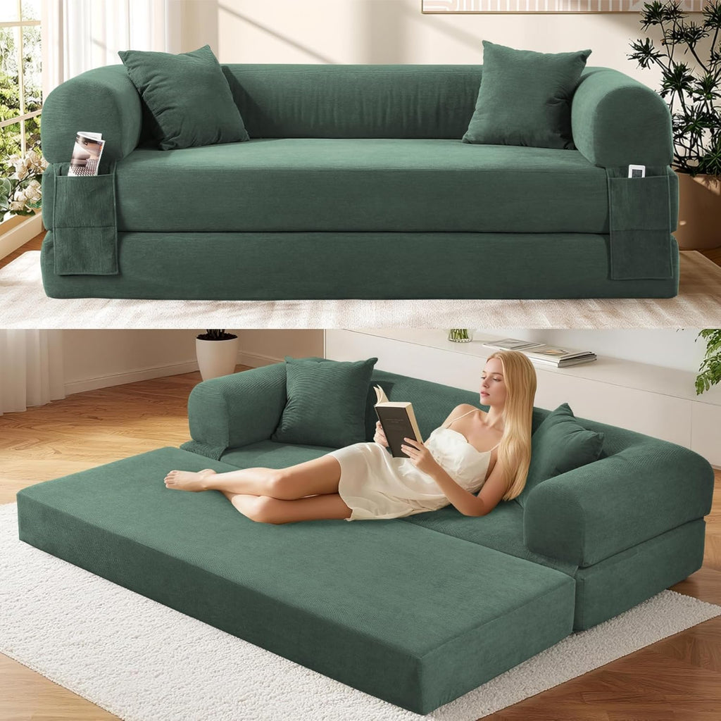 Convertible Futon Sofa Bed,80" Folding Pull Out Couch Bed with Storage,Queen Sleeper Sofa Bed,Compressed Couch in a Box,Corduroy Boneless Couches for Living Room,Light Green