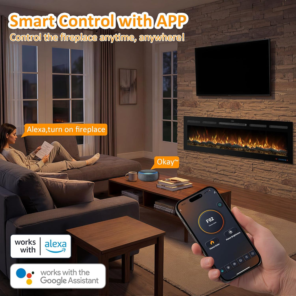 72 Inch WiFi Electric Fireplace Heater with Sound, Wall Mounted, Recessed or Free‑Standing, 750/1500W, 13 Flame & Fuel Bed Colors, Dimmable, Remote & App Control, Alexa & Google Home