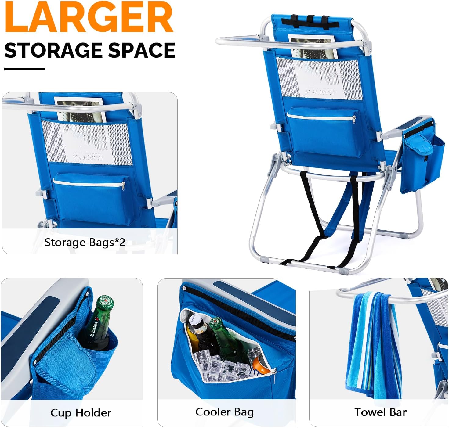 VINGLI Tall Beach Chair 1 Pack Lightweight, Backpack Beach Chair for Adults with 5-Position, Cooler Bag, Cup Holders, Towel Bar, Lightweight Folding Beach Camping Chairs Blue