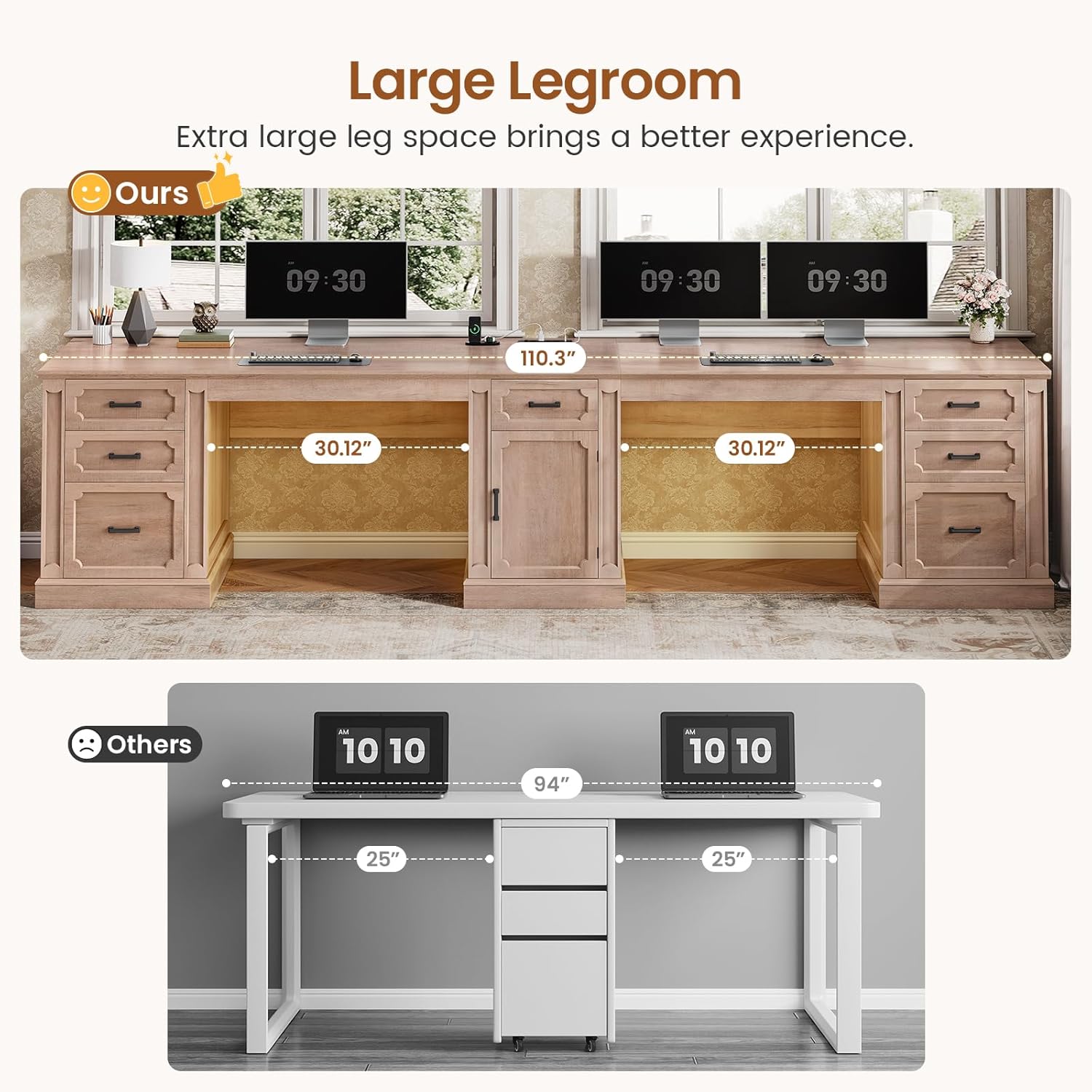 SEDETA Farmhouse 110.3" Two Person Desk with 7 Drawers, Long Computer Desk with Storage Cabinet, 2 Person Desk with Power Outlets for Home Office, Natural Oak