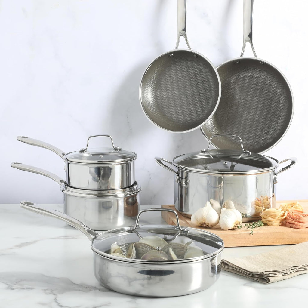 Martha Stewart Badgley Hybrid Nonstick 10 Piece TriPly Stainless Steel Pots and Pans Non-Toxic Kitchen Cookware Set - Laser Etched Perfect Sear Nonstick W/Stay Cool Handle Dishwasher & Induction Safe