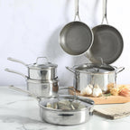 Martha Stewart Badgley Hybrid Nonstick 10 Piece TriPly Stainless Steel Pots and Pans Non-Toxic Kitchen Cookware Set - Laser Etched Perfect Sear Nonstick W/Stay Cool Handle Dishwasher & Induction Safe