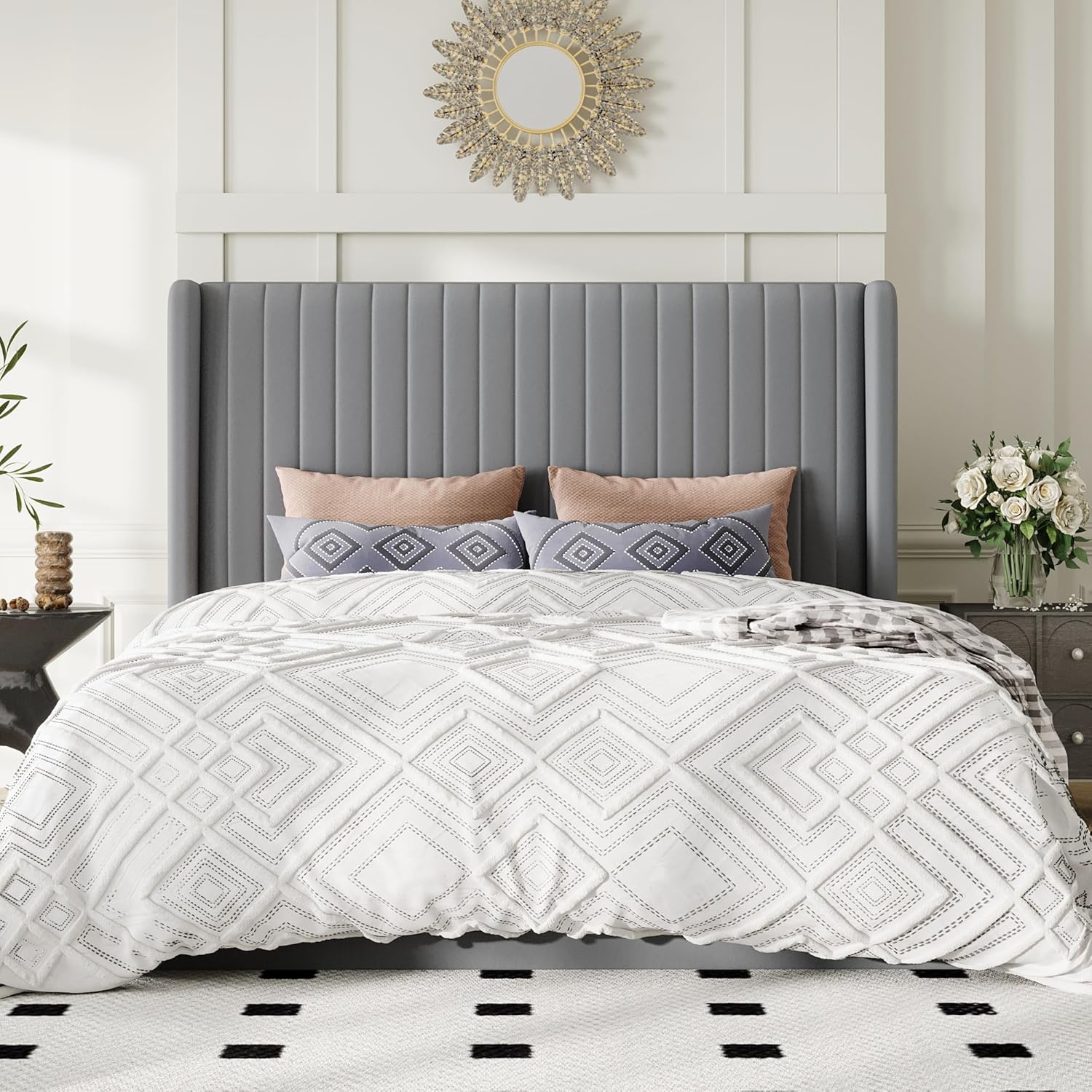 Allewie Queen Size Lift Up Storage Bed Frame, Hydraulic Support System, Upholstered Platform Bed Frame, Underneath Storage, Vertical Channel Tufted Headboard with Wingback, No Box Spring Needed, Grey