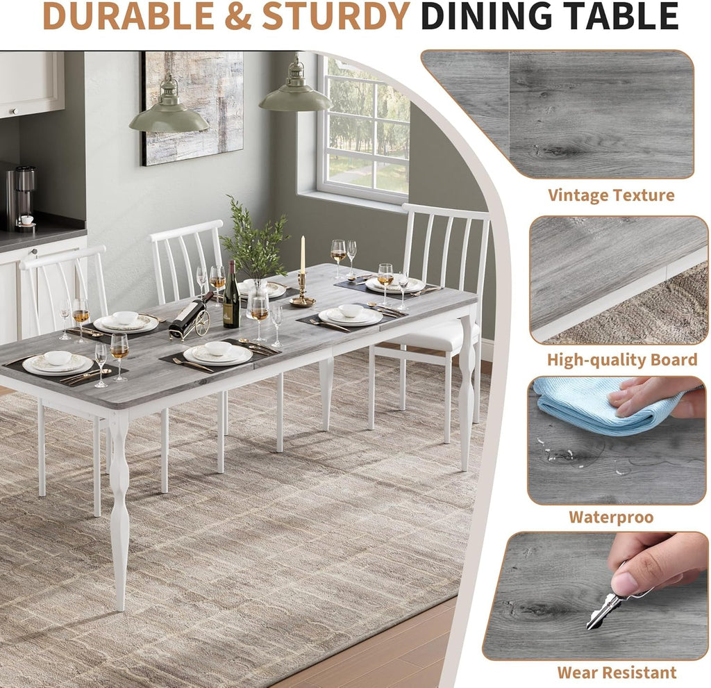78" Modern Dining Table with Heavy-Duty Metal Legs, Farmhouse Kitchen Table for 6-8 Family, Gray Wood Top with Spindle Design for Dining Room, Home Office, Apartment