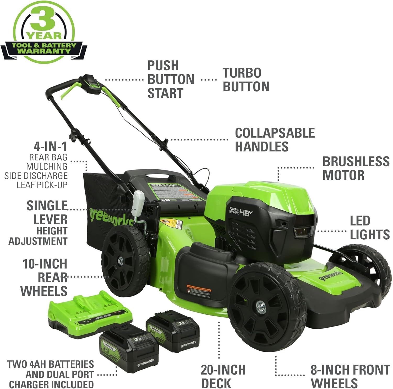 Greenworks 48V (24V x 2) 20" Cordless Battery Mower  12" String Trimmer/Edger  & 320 CFM Blower Combo Kit w/ (2) 4.0Ah Batteries  (1) 2.0Ah Battery & Chargers