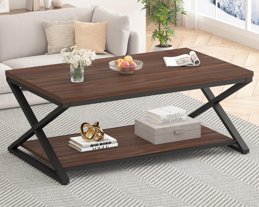 HSH Walnut 2 Tier Storage Coffee Table, Modern Rectangle Center Table for Living Room, Industrial Minimalist Wooden Metal Cocktail Tea Table, Home Office Rustic Simple Display Coffee Table, 39 Inch
