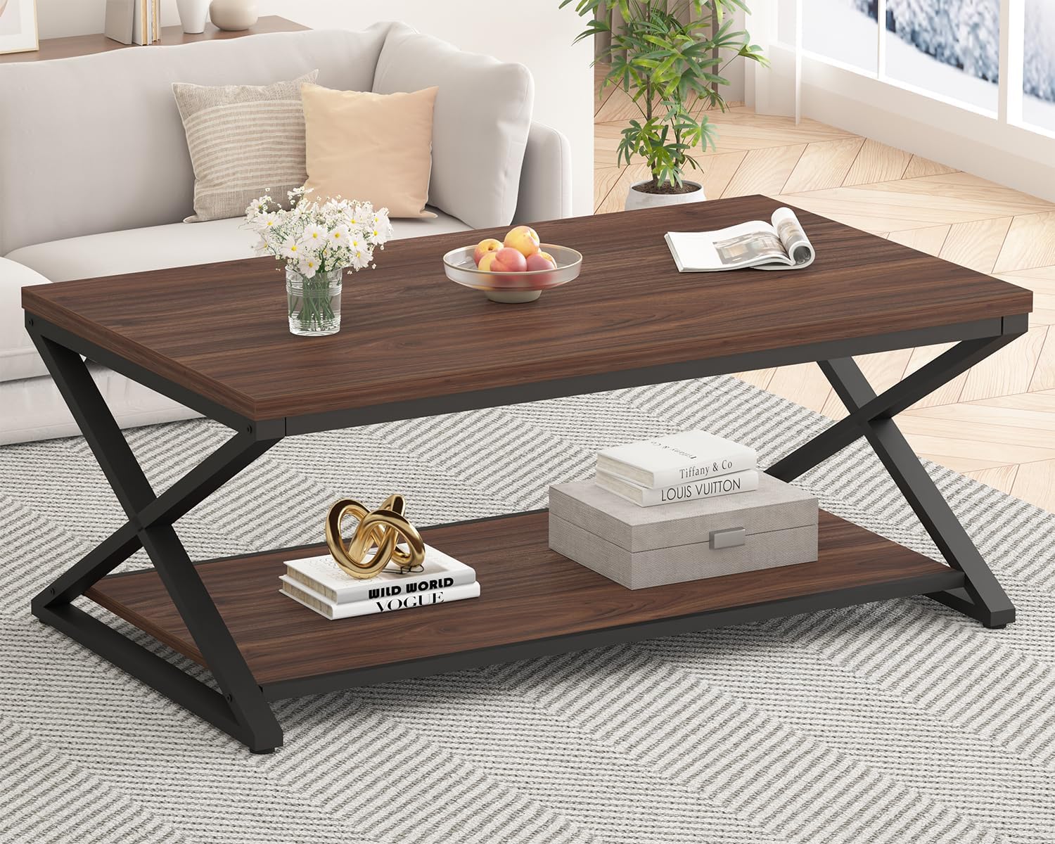 HSH Walnut 2 Tier Storage Coffee Table, Modern Rectangle Center Table for Living Room, Industrial Minimalist Wooden Metal Cocktail Tea Table, Home Office Rustic Simple Display Coffee Table, 39 Inch