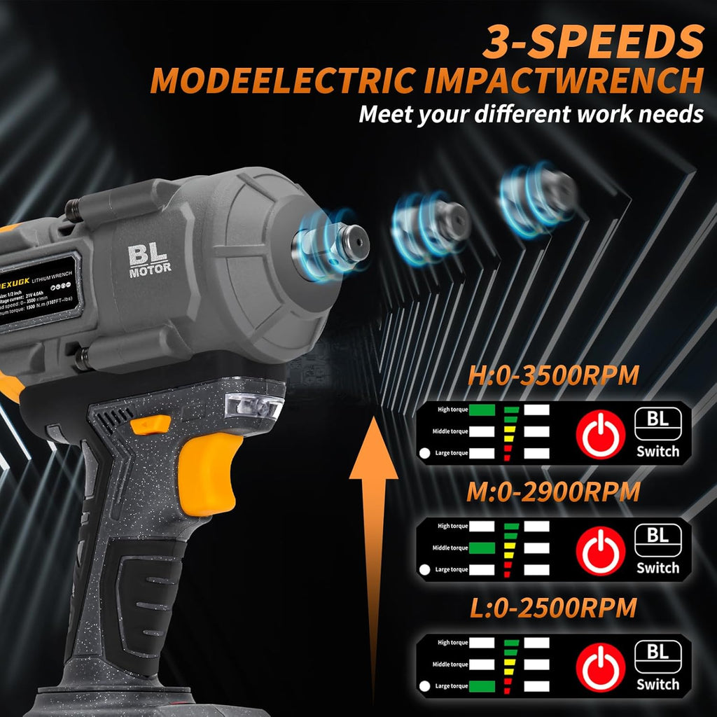 JEXUGK 1500Nm Impact Wrench, 1/2" 1107ft-lbs Cordless Impact Gun with 2 x 4.0Ah Battery, 21V High Torque Power Impact Driver with 6 Sockets,Pistola Llave De Impacto for Truck RV Car Heavy Construction