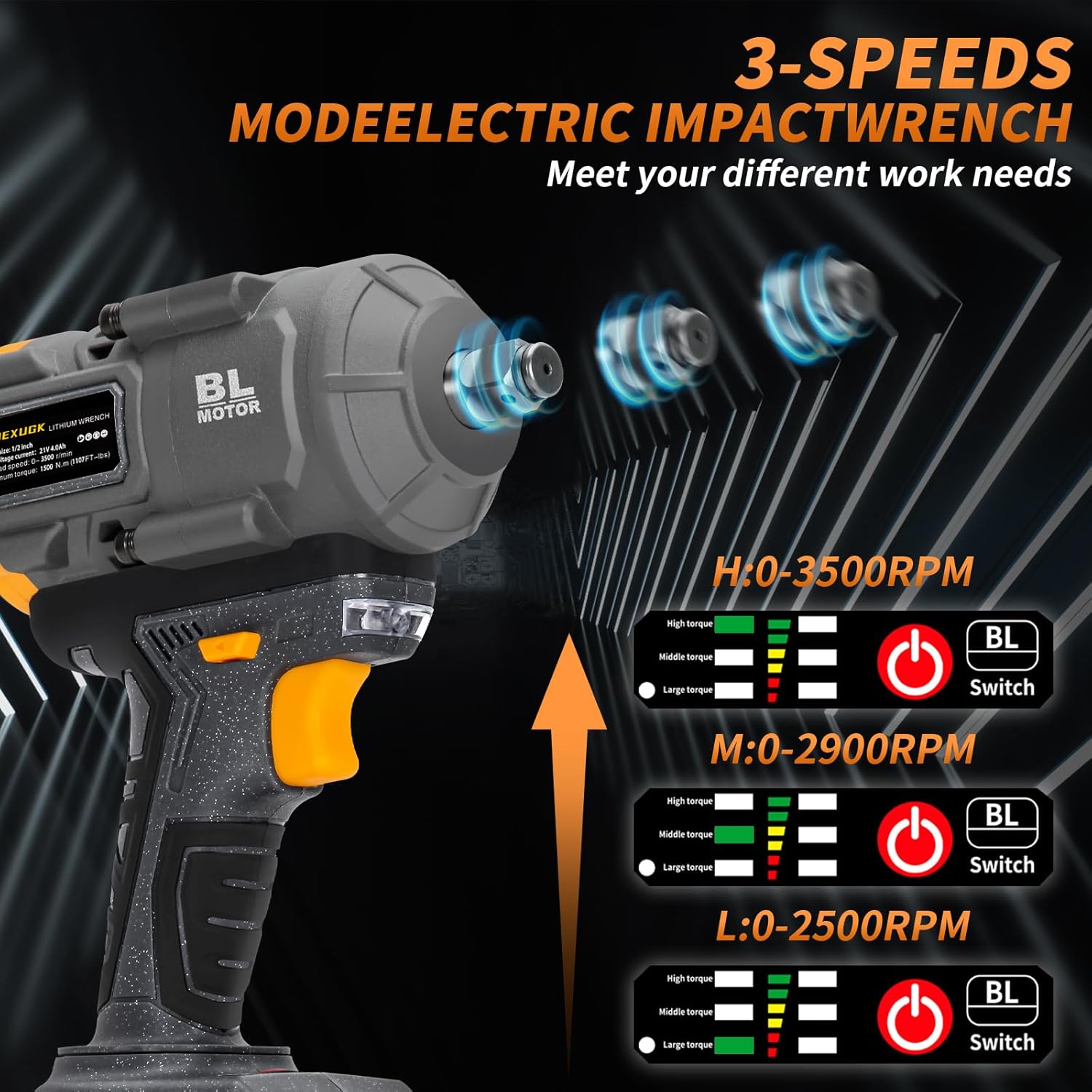 JEXUGK 1500Nm Impact Wrench, 1/2" 1107ft-lbs Cordless Impact Gun with 2 x 4.0Ah Battery, 21V High Torque Power Impact Driver with 6 Sockets,Pistola Llave De Impacto for Truck RV Car Heavy Construction