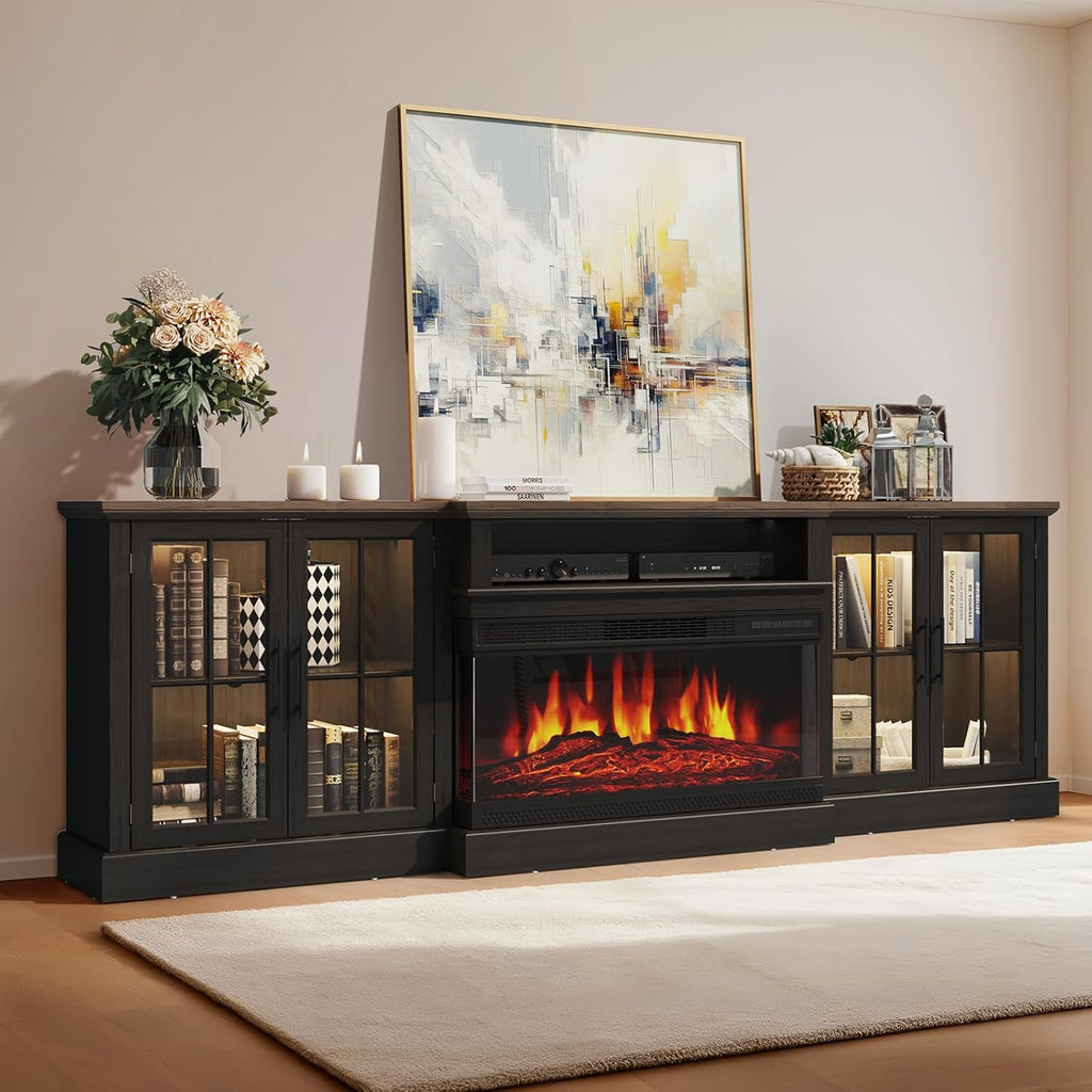 98" Farmhouse TV Stand with 36" Fireplace for Living Room,Media Entertainment Center with Adjustable Shelves and Large Storage Cabinets, TVs up to 100", Black
