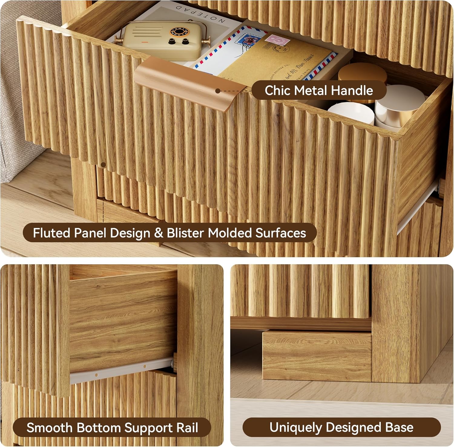 Fluted Nightstand Set of 2 with Charging Station, 23.6" Night Stand with 3 Drawers,End Table with Storage, Bed Side Table for Bedroom,Modern Nightstand for Living Room, Natural Oak