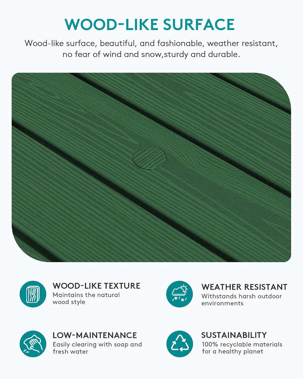 SERWALL Outdoor Coffee Table with 1.69" Umbrella Hole, HDPE Patio Coffee Table for Outside, Rectangle, Green