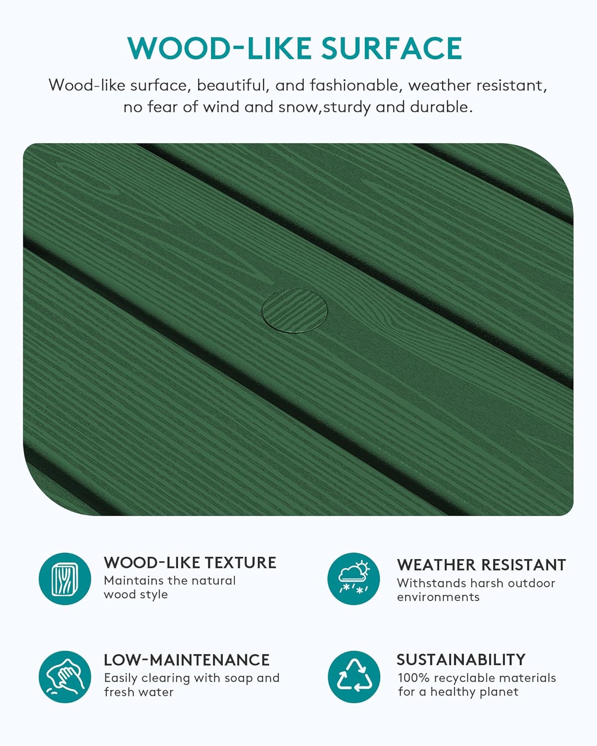 SERWALL Outdoor Coffee Table with 1.69" Umbrella Hole, HDPE Patio Coffee Table for Outside, Rectangle, Green