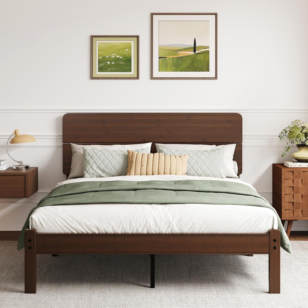 14in High Solid Bamboo Wood Platform Queen Size Bed Frame with Headboard, Reinforced Heavy Duty Metal Slats, Noise Free, No Box Spring Needed, Easy Assembly, Walnut