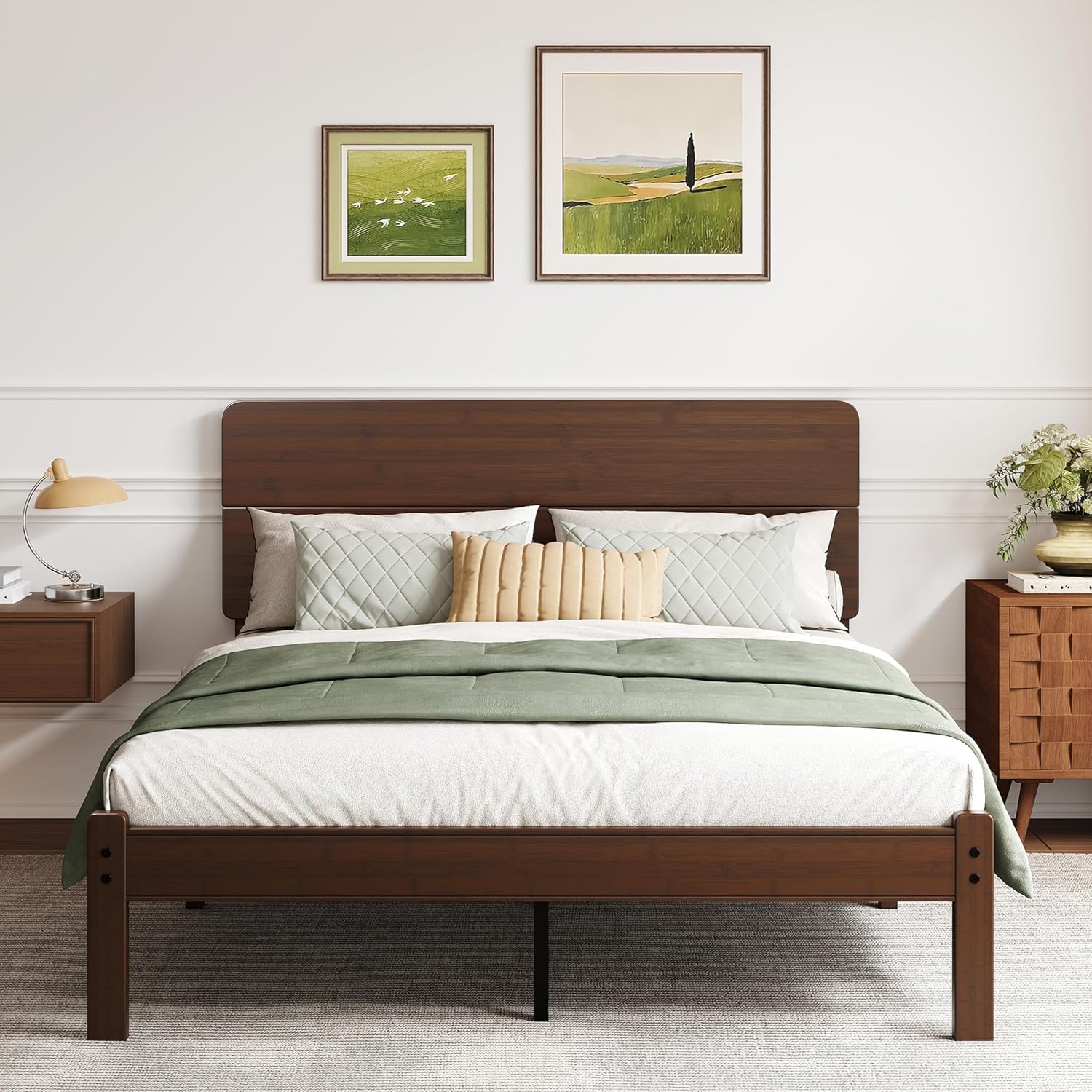 14in High Solid Bamboo Wood Platform Queen Size Bed Frame with Headboard, Reinforced Heavy Duty Metal Slats, Noise Free, No Box Spring Needed, Easy Assembly, Walnut