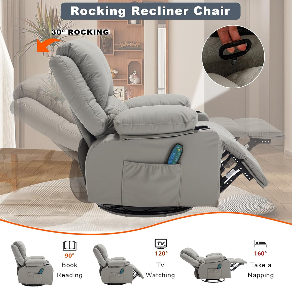 Leather Recliner Chair with Heat and Massage Cup Holder, Thickly Padded Overstuffed Rocking Glider Chair, Swivel Rocker Recliner Chair for Nursery, Grey