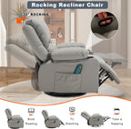 Leather Recliner Chair with Heat and Massage Cup Holder, Thickly Padded Overstuffed Rocking Glider Chair, Swivel Rocker Recliner Chair for Nursery, Grey