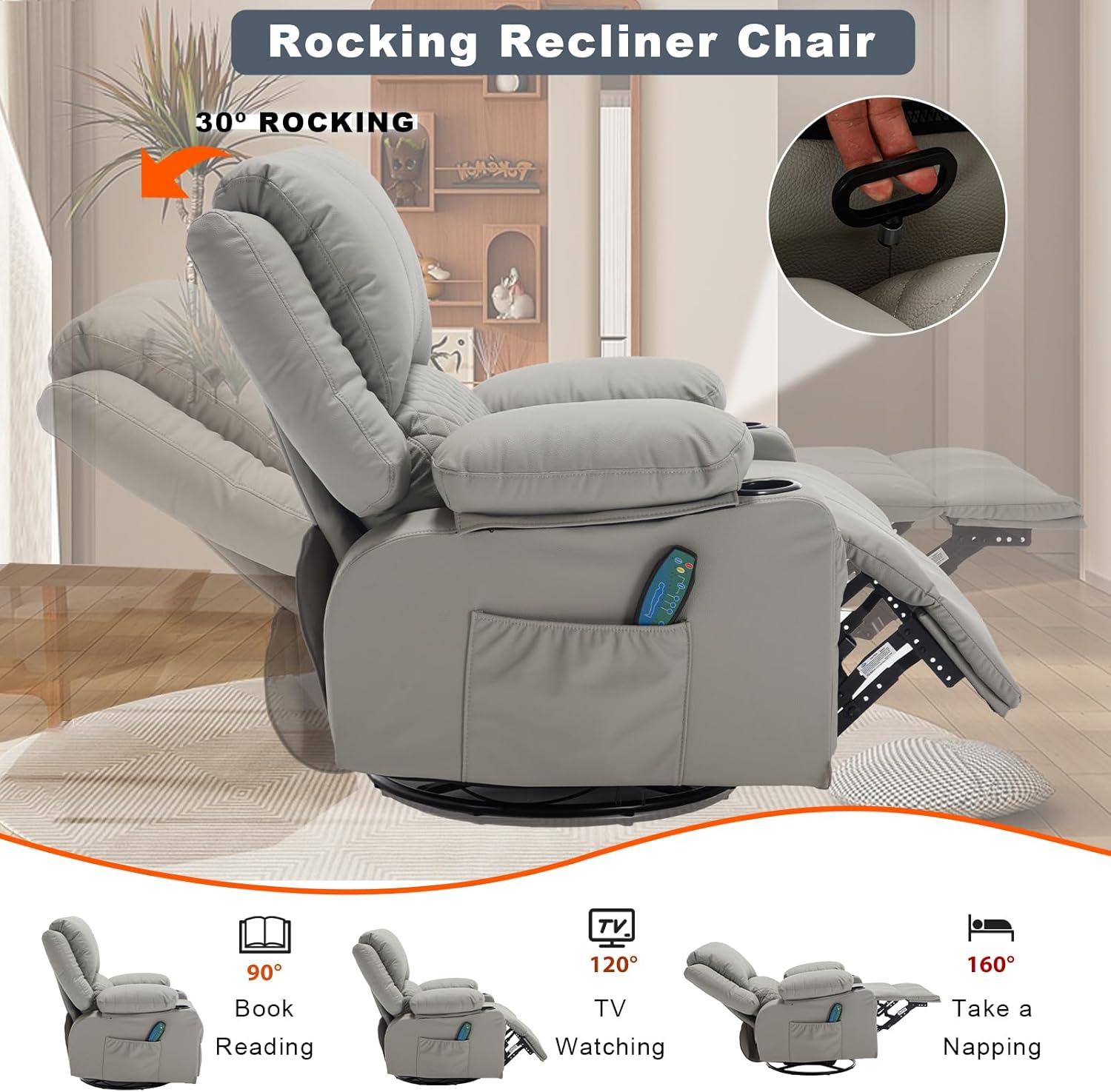 Leather Recliner Chair with Heat and Massage Cup Holder, Thickly Padded Overstuffed Rocking Glider Chair, Swivel Rocker Recliner Chair for Nursery, Grey