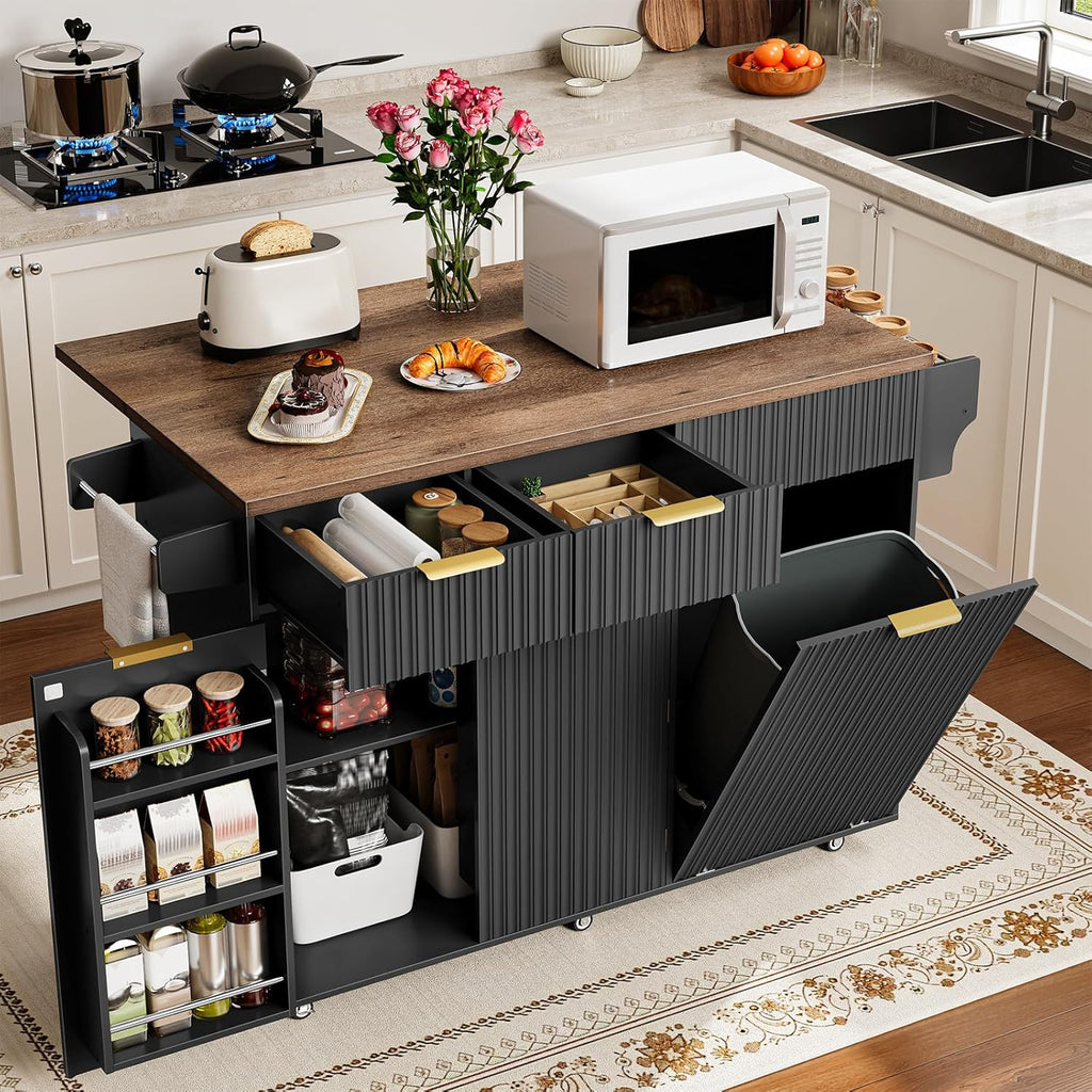 Mobile Kitchen Island with Folding Drop Leaf Countertop, Rolling Kitchen Island Cart with Trash Can Storage, Drawers, Adjustable Shelf, Spice Rack, for Dining Room, Black and Walnut MZD08BL