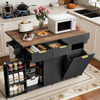 Mobile Kitchen Island with Folding Drop Leaf Countertop, Rolling Kitchen Island Cart with Trash Can Storage, Drawers, Adjustable Shelf, Spice Rack, for Dining Room, Black and Walnut MZD08BL