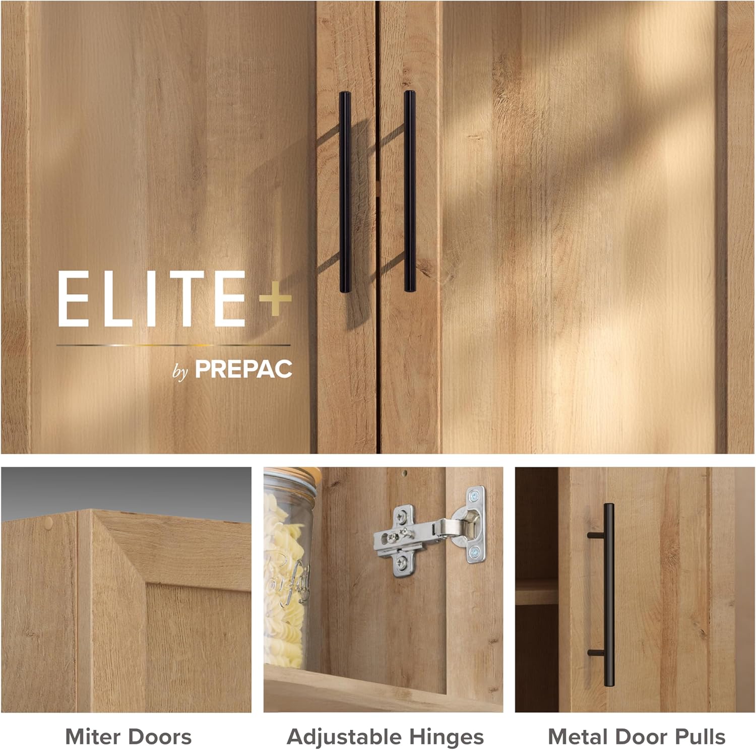 Prepac Natural Oak Elite 65" Tall Accent Kitchen Pantry Cabinet, Craft or Bathroom Storage Cabinet, Buffet Storage with Panel Doors, 3 Shelves, 32" W x 16.75" D x 65" H, Ideal for Home Organization