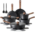 SENSARTE Nonstick Pots and Pans Set 17pcs, Healthy Induction Cookware Set, Kitchen Cooking Set with Skillets & Saucepans, Stay-cool Handles, Dishwasher Safe, PFOA PFOS Free, Matte Black