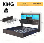 King Farmhouse Bed Frame with Bookcase Headboard and 4 Drawers, LED Storage Bed with Charging Station & Linen Upholstered, No Box Spring Needed,Black
