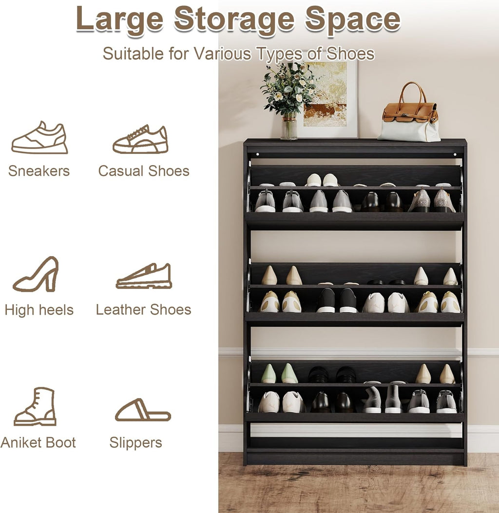Shoe Cabinet with 3 Flip Drawers, 31.5" W Narrow Shoe Storage Cabinet for Entryway, Slim Shoe Organizer with Adjustable Shelves, Freestanding Shoe Rack for Hallway, Living Room, Black