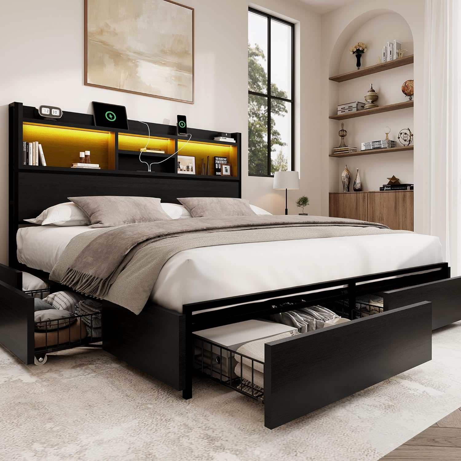 Queen Storage Bed Frame with 6 Drawers, USB Charging Station, No Noise, No Box Spring Required, Vintage Black Headboard Platform Bed