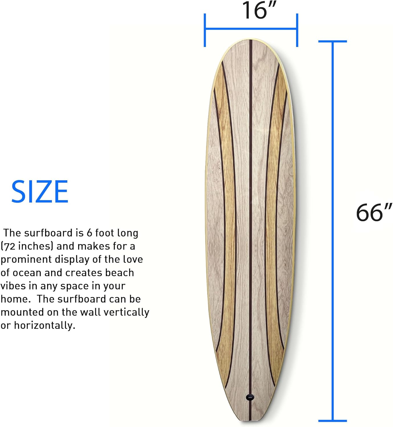Surfboard Longboard Wall Decoration Décor - Hangs Vertical or Horizontal – Glossy Surface Like a Real Surfboard – Beach House, Coastal Living, Tropical Beach Theme – 66 inches Long