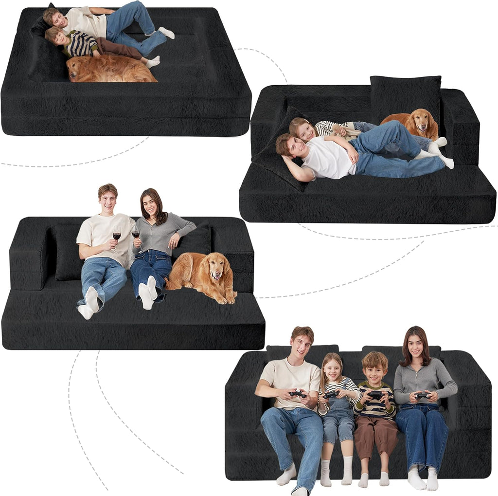 Futon Sofa Bed with Pillow, 3-in-1 Sleeper Sofa Bed with Removable Cover, Convertible Floor Sofa Bed, No Assembly Boneless Couch for Living Room, Bedroom