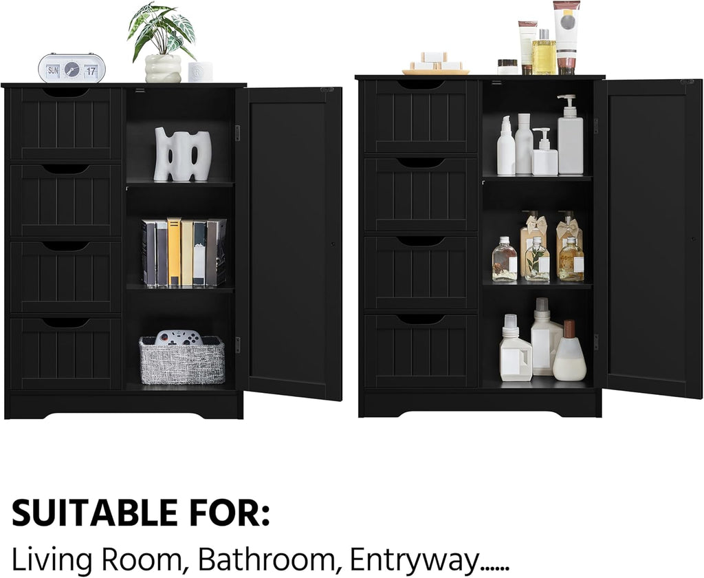 Yaheetech Wooden Storage Cabinet, Bathroom Storage Organizer with 4 Drawers & 1 Cupboard, Freestanding Cabinet Table for Bathroom, Entrance Area, Kitchen, Black