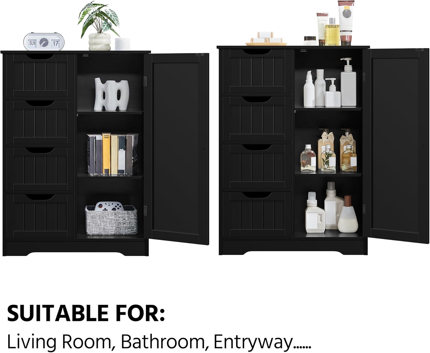 Yaheetech Wooden Storage Cabinet, Bathroom Storage Organizer with 4 Drawers & 1 Cupboard, Freestanding Cabinet Table for Bathroom, Entrance Area, Kitchen, Black