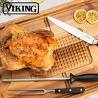 Viking Cutting Board and 3-Piece Carving Set, Oversized Acacia Wood Carving Board with Fork, Knife, and Sharpening Steel, 21.8 x 14.6 Inch