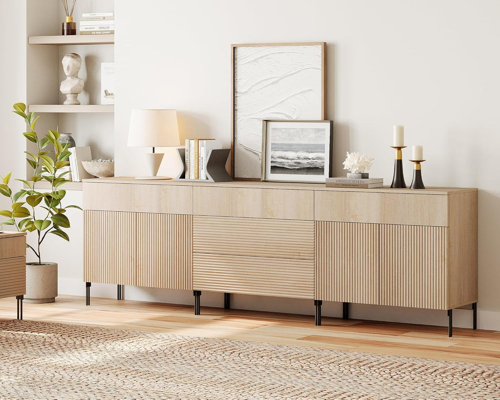 WAMPAT Fluted TV Stand for TVs up to 100 inchs, 3 in 1 Modern Entertainment Center with Storage Cabinets and 5 Drawers & 4 Doors, Wood Media TV Console Table with Storage for Living Room, Beige