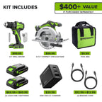 GREENWORKS 24V 1/2” Brushless Cordless Drill (400 In-lbs.) + 6.5” Circular Saw (4,800 RPM), (2) 2.0Ah (12,000mAh Power Bank) USB-C Batteries, Braided Cable, 65W Rapid Charger