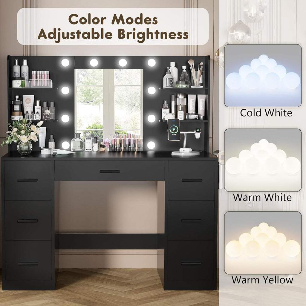 YESHOMY Vanity Desk with Mirror, Power Outlet and 10 Lights, Makeup Table with 7 Drawers, 3 Color Modes Available for Bedroom, Black