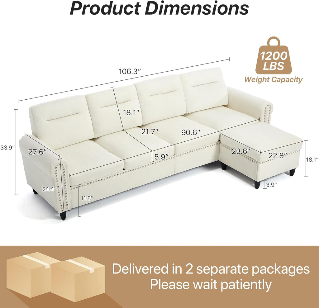 Westice 106" Modular Sectional Sofa with Movable Ottoman, Deep-Seat L-Shaped Couch, 4-Seater Modern Sofa for Living Room, Bedroom, or Apartment (Beige)