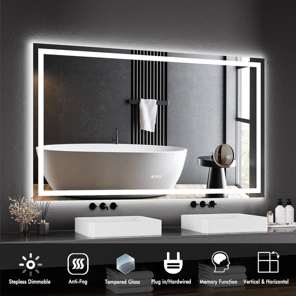 GarveeHome 60x36 LED Bathroom Mirror with Lights, Dimmable, Anti-Fog, Backlit + Front Lit, and 3X Magnification Mirror, Smart Bathroom Vanity Mirror for Wall, Memory Function, Shatter-Proof