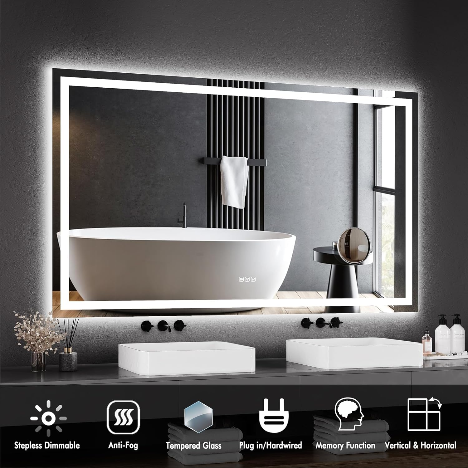 GarveeHome 60x36 LED Bathroom Mirror with Lights, Dimmable, Anti-Fog, Backlit + Front Lit, and 3X Magnification Mirror, Smart Bathroom Vanity Mirror for Wall, Memory Function, Shatter-Proof