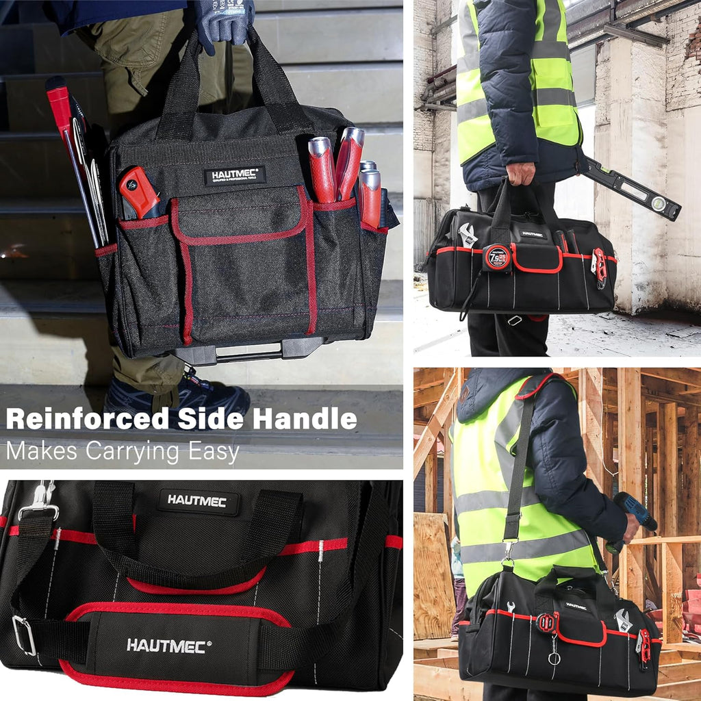 HAUTMEC 2-Piece Rolling Tool Bag Set, 15" Wheeled Tool Bag & Wide Mouth Tool Tote, Heavy-Duty Tool Storage Organizer with Durable Off-Road Wheel, Steel Telescoping Handle & Shoulder Strap – HT0288