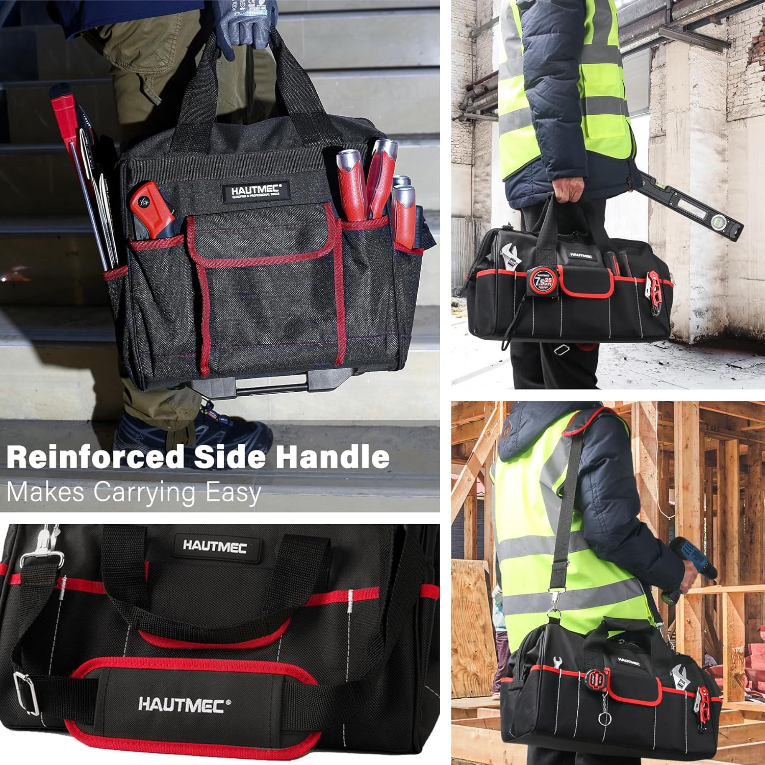 HAUTMEC 2-Piece Rolling Tool Bag Set, 15" Wheeled Tool Bag & Wide Mouth Tool Tote, Heavy-Duty Tool Storage Organizer with Durable Off-Road Wheel, Steel Telescoping Handle & Shoulder Strap – HT0288